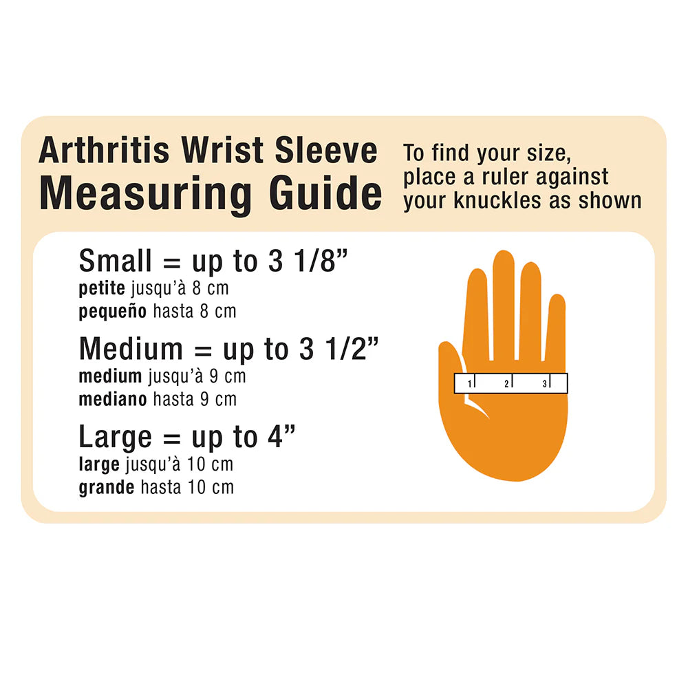 IMAK Compression Arthritis Wrist Sleeve measuring guide with size chart and hand illustration.