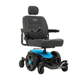 A Pride Mobility Jazzy EVO 614 HD Power Wheelchair with a bright blue accent panel on the base, shown from a three-quarter angle against a solid white background.