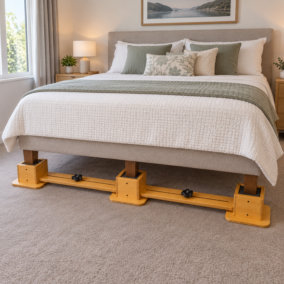 A bed in a styled bedroom with a light beige upholstered frame and bright Tas-Tech Double, Queen King Bed Raisers, shown with white and sage green bedding, pillows, and bedside tables.