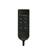 Black remote control for lift chair with six buttons on a white background