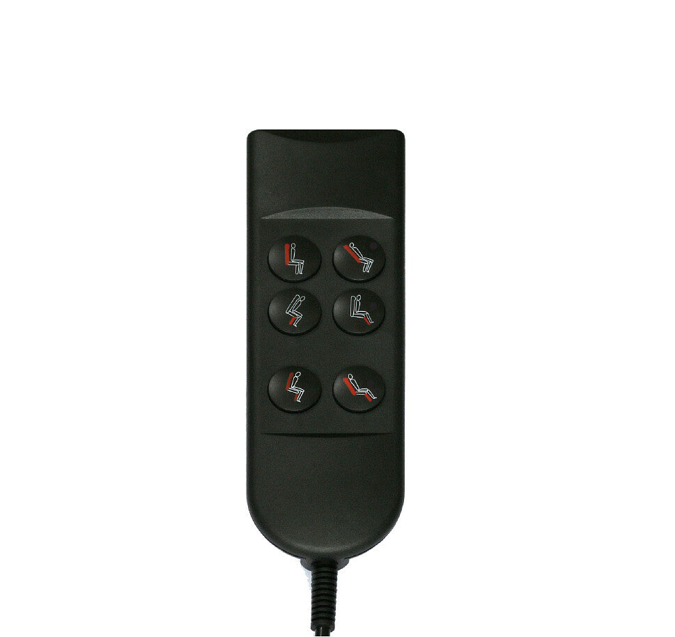 Black remote control for lift chair with six buttons on a white background