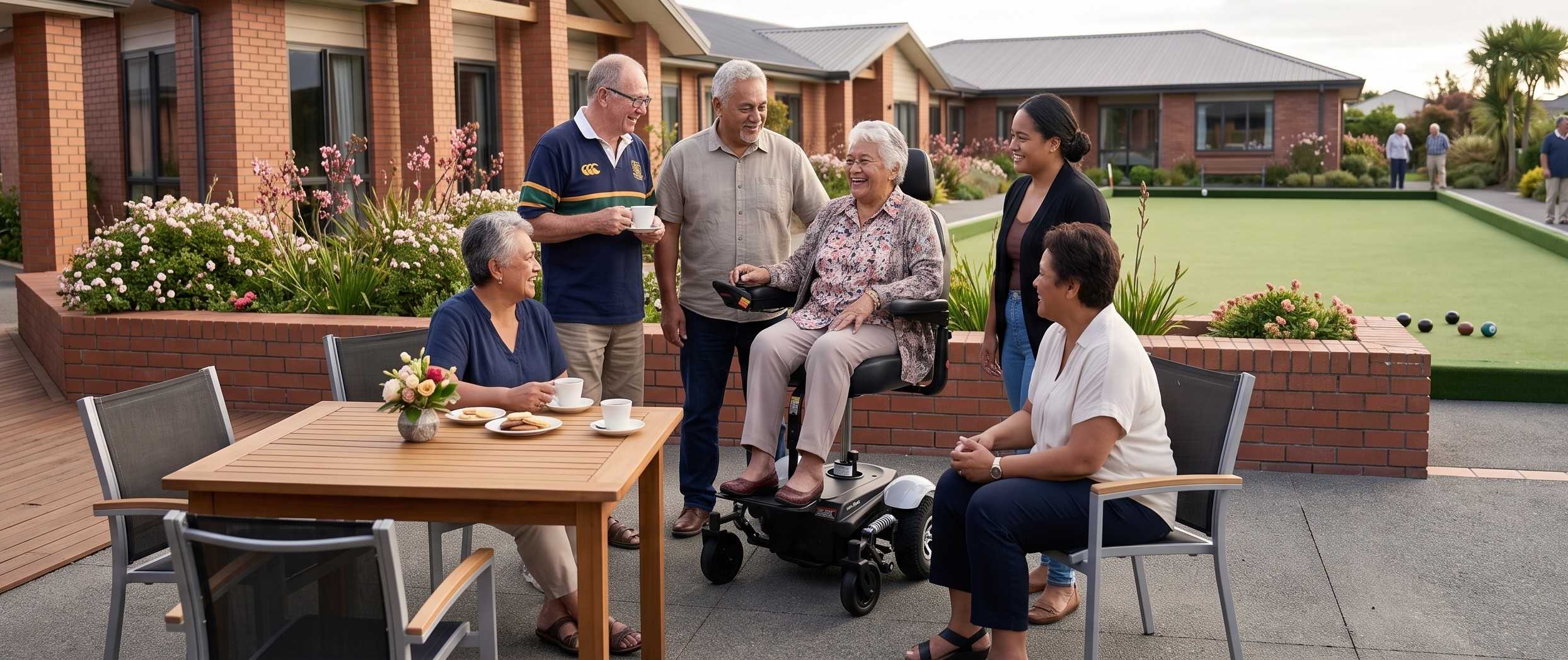 A group of six elderly people gathered outdoors on a patio at a residential care facility. One person is seated in a motorized wheelchair, while others are standing or sitting around a wooden dining table with cups and saucers.