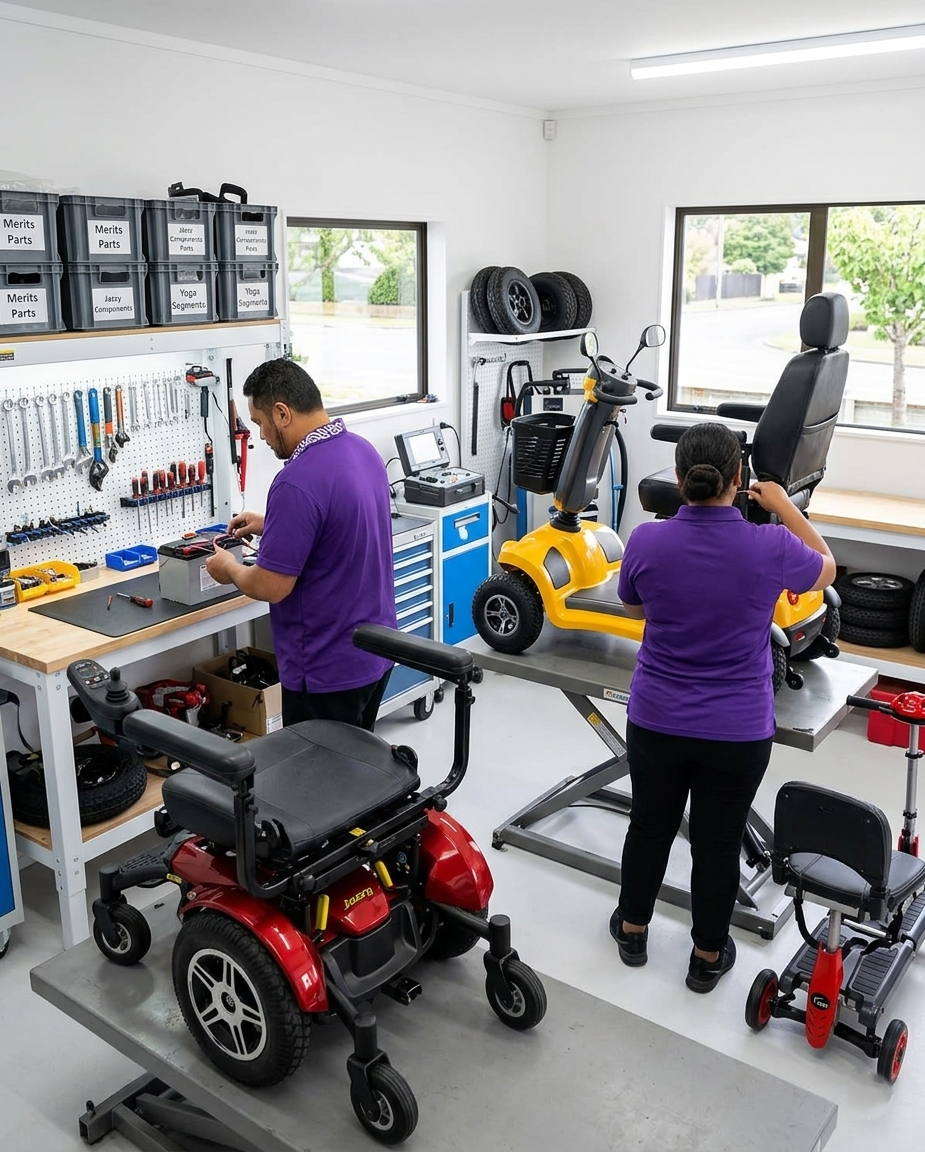 Mobility Scooters and a powerchair being serviced in a workshop by two technicians