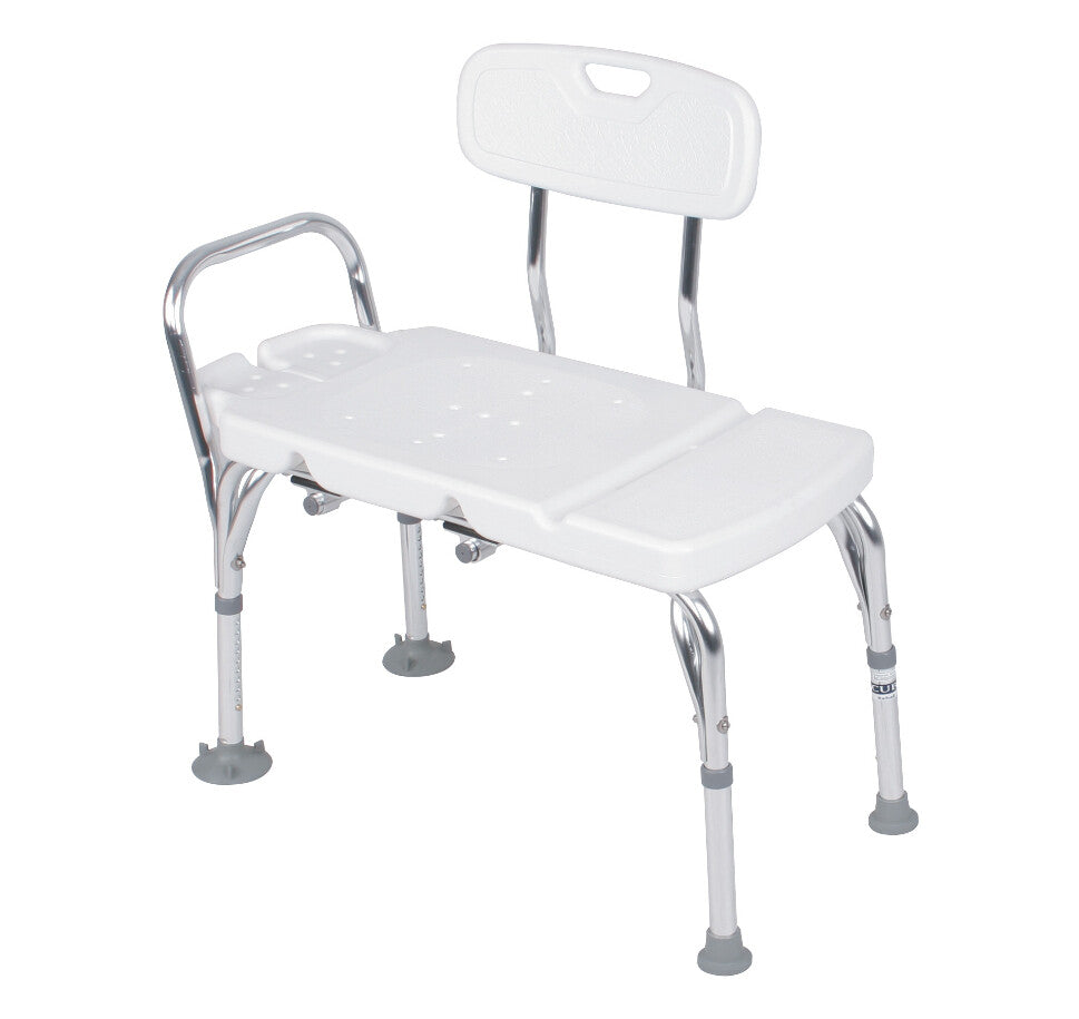 White  Viking Transfer Bench with an adjustable silver metal frame, armrest, backrest, and gray rubber feet, shown on a plain white background.