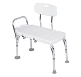White  Viking Transfer Bench with an adjustable silver metal frame, armrest, backrest, and gray rubber feet, shown on a plain white background.