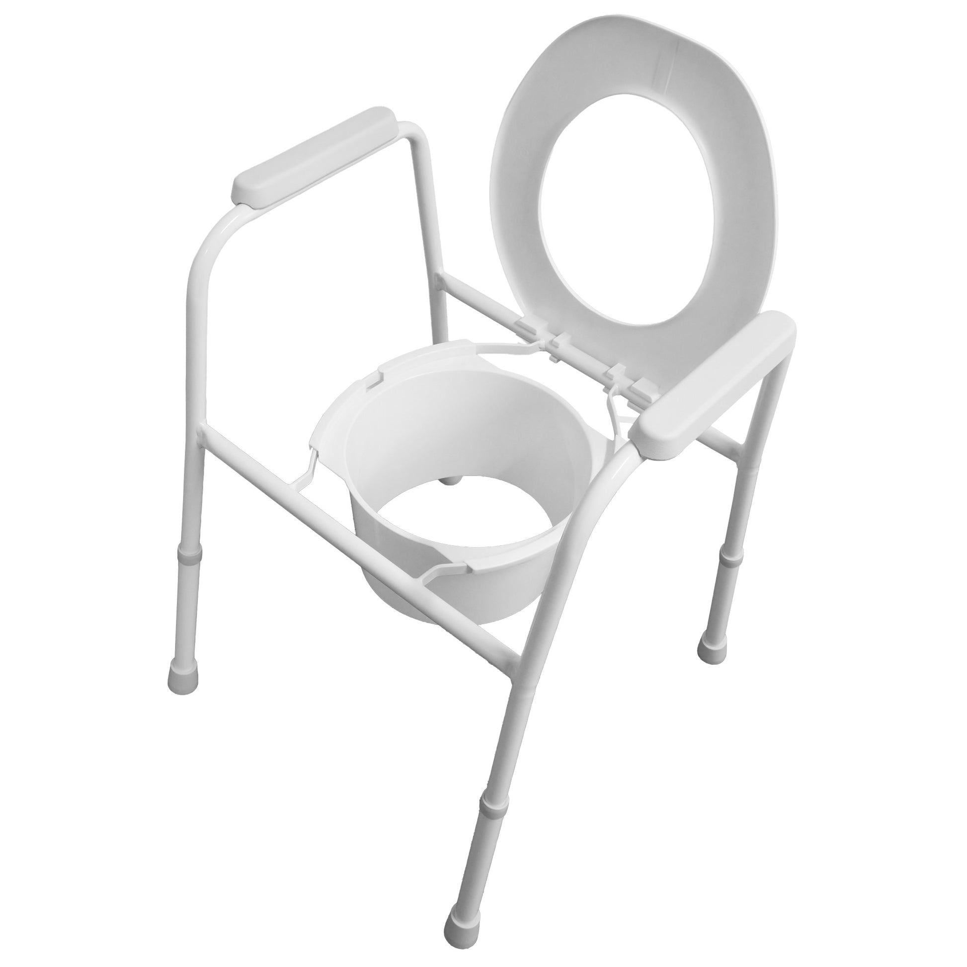 Goldfern Over-Toilet Frame Top Angle with Seat up and Splash Guard Shown