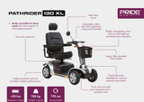 Pride Mobility Pathrider 130 XL Mobility Scooter with features listed on a white background