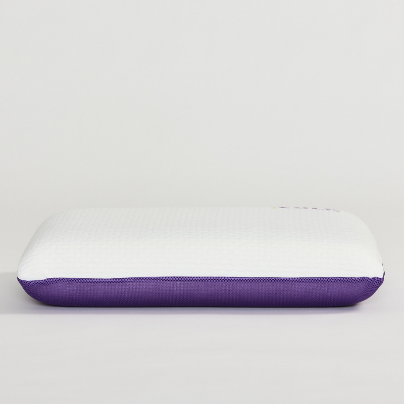 White icare Classic Pillow with purple accent on a light gray background