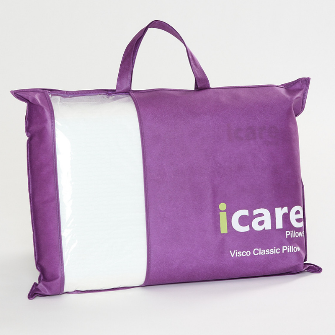 Purple icare Classic Pillow with 'icare' branding on a white background