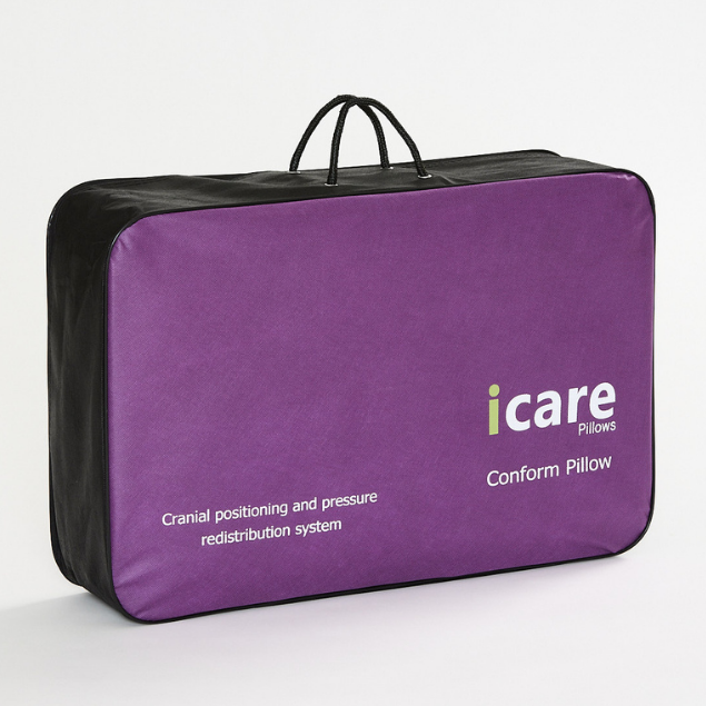 Purple carrying case for iCare Conform Pillow on a white background