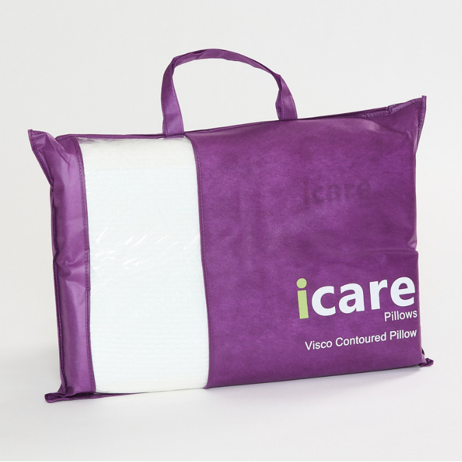 A purple iCare Visco Contoured Pillow packaging bag with a white insert visible on the left side, set against a plain light gray background.