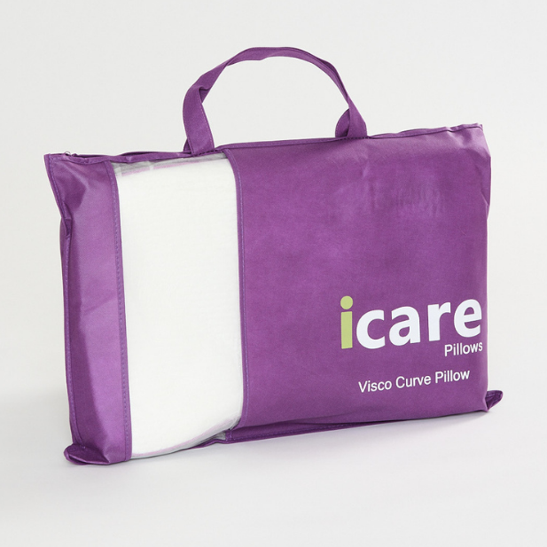 Purple icare Curve Pillow packaging with 'icare' branding on a white background