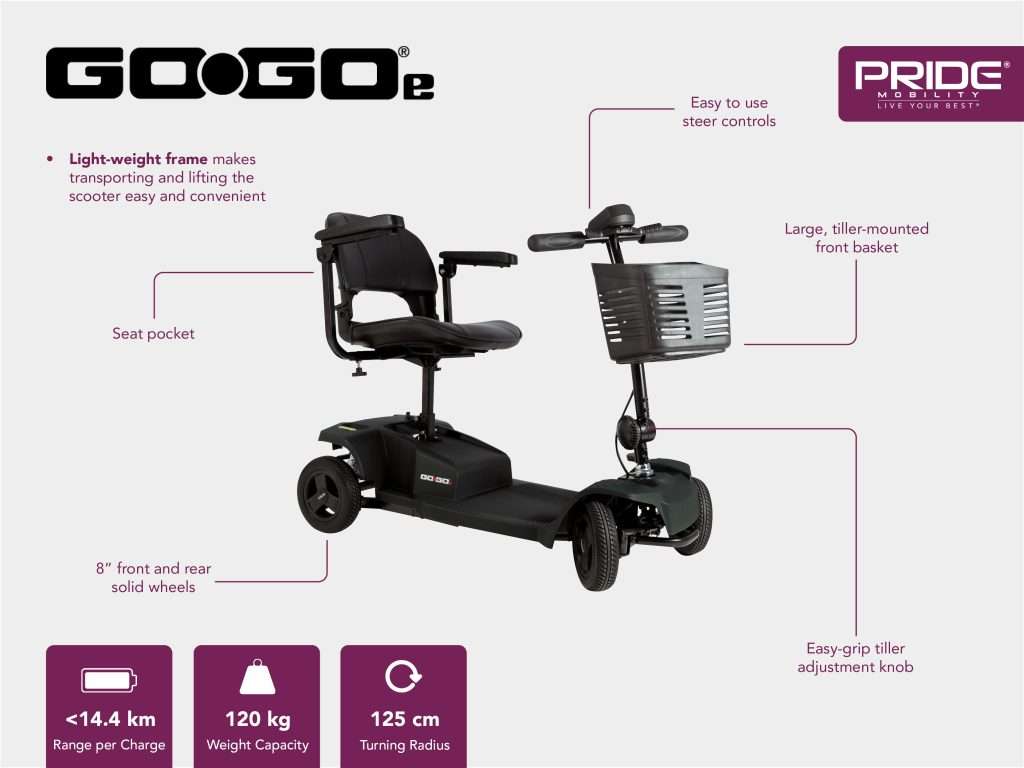 Pride Mobility GoGo E Scooter Front Info Sheet