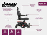 Pride Jazzy EVO 614 HD power wheelchair side profile with key feature callouts