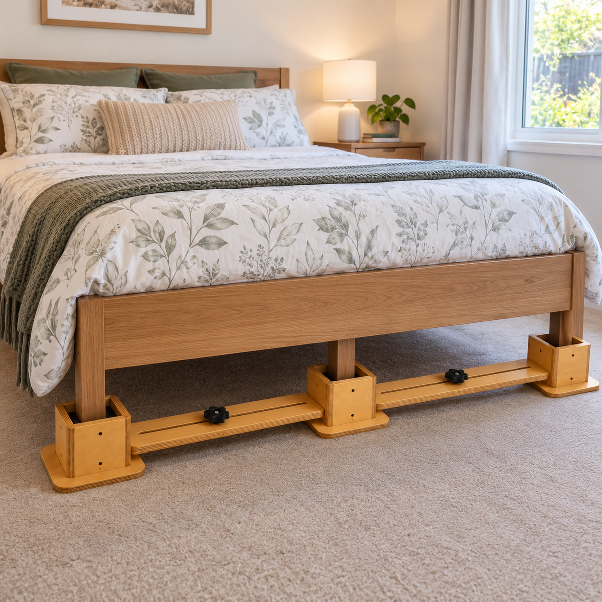 A bed in a styled bedroom with a light beige upholstered frame and bright Tas-Tech Double, Queen King Bed Raisers, shown with white and sage green bedding, pillows, and bedside tables.