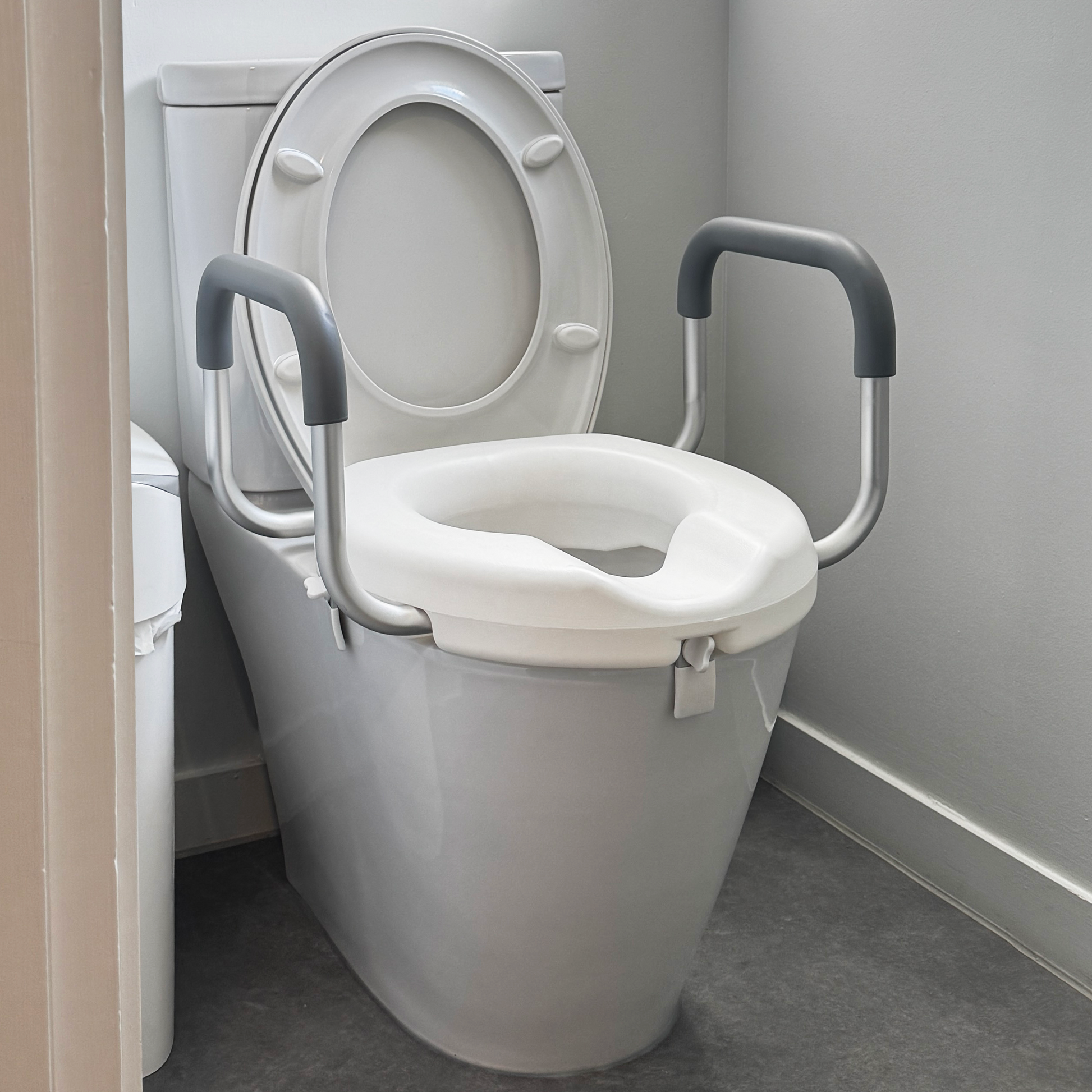3" Raised Toilet Seat with Arms on White Toilet 