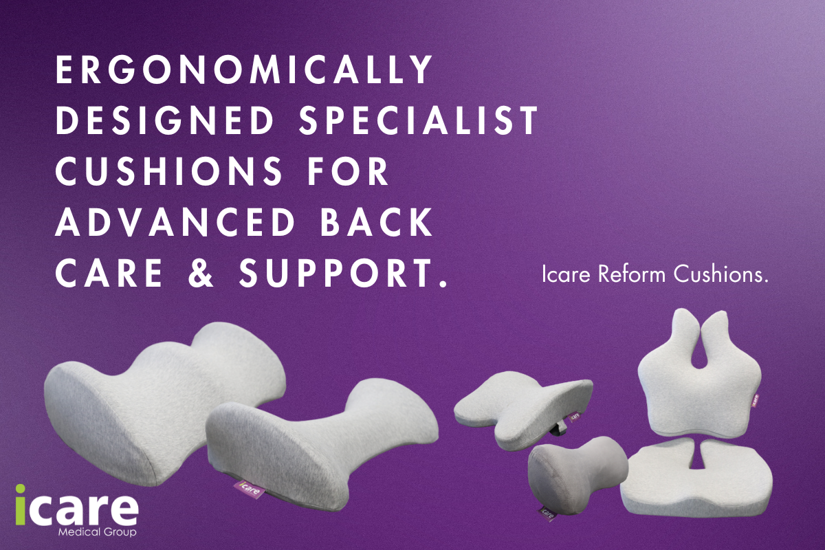 Ergonomically designed specialist cushions for advanced back care and support on a purple background with 'icare' branding.