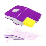 A purple icare Supporta Rotator Cuff Recovery Pillow, shown alongside a pink line-art diagram of a person lying down on the icare Supporta Rotator Cuff Recovery Pillow.