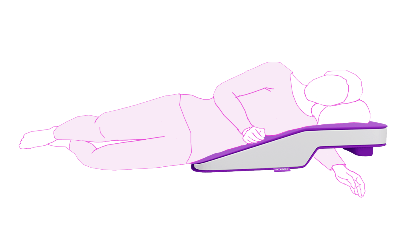 Outline of a person using a purple icare Supporta Rotator Cuff Recovery Pillow on a white background