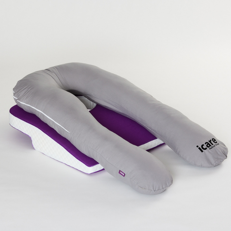 Gray icare Supporta Body Pillow with purple base on a white background