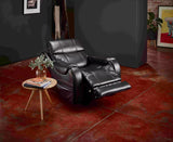 Theorem Seagrove Power Lift Recliner Chair Midnight in a room with a red tiled floor and a small table with decor items.