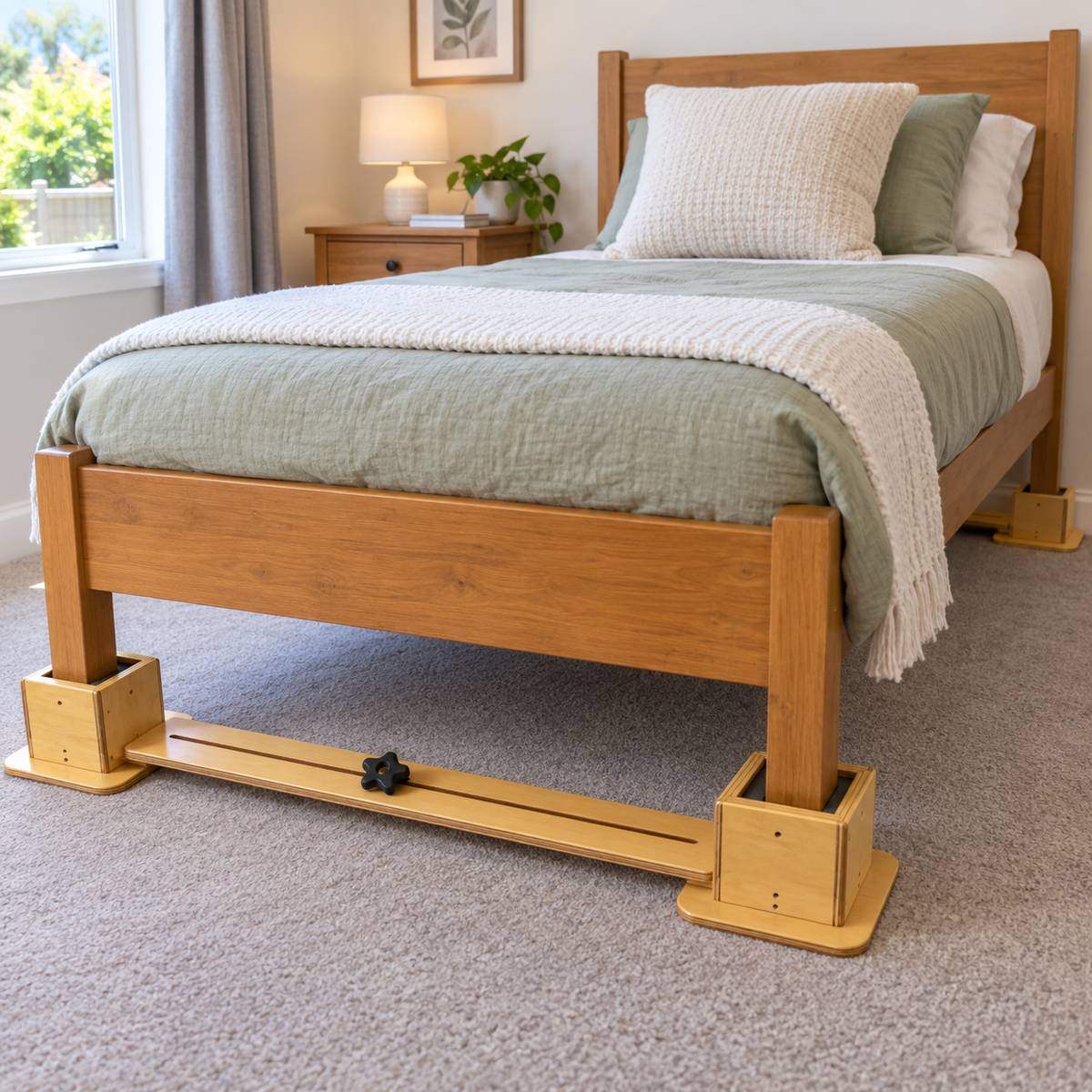 A wooden platform bed frame Tas-Tech Single Bed Sofa Raisers, shown in a styled bedroom setting with sage green bedding and a white throw blanket.