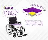iCare Bariatric Cushion on wheelchair with info