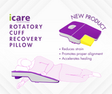 Promotional graphic for the iCare Medical Group Rotatory Cuff Recovery Pillow, showing a purple and gray pillow with a yellow insert alongside a pink line drawing of a person using it, with text highlighting benefits.