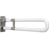 white nylon fold up grab bar mounted on a white background