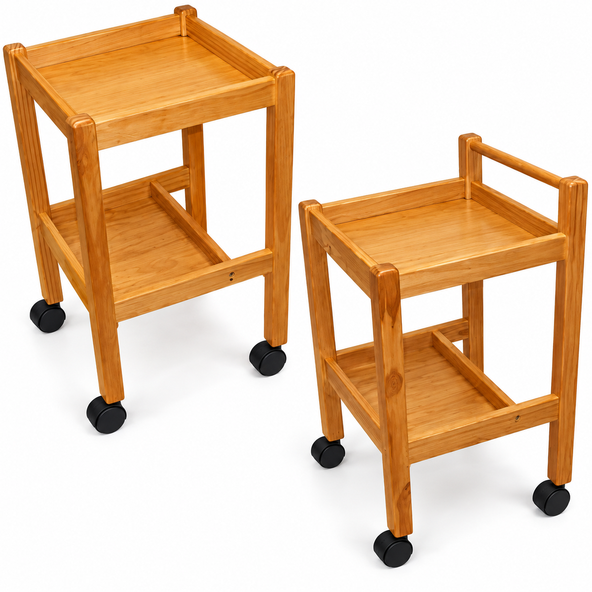 Two Tas-Tech Wooden Rehabilitation Utility Trolleys - one with a handle one without