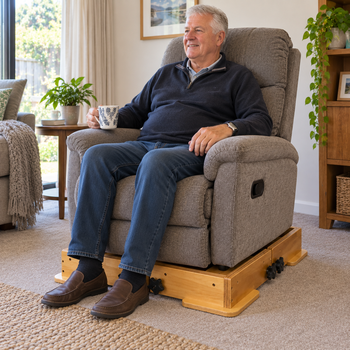 An older man sits comfortably in a gray upholstered recliner chair with a Tas-Tech Adjustable Chair Platform base, placed in a bright, modern living room. He is wearing a navy blue quarter-zip sweater, blue jeans, and brown loafers, holding a white mug.