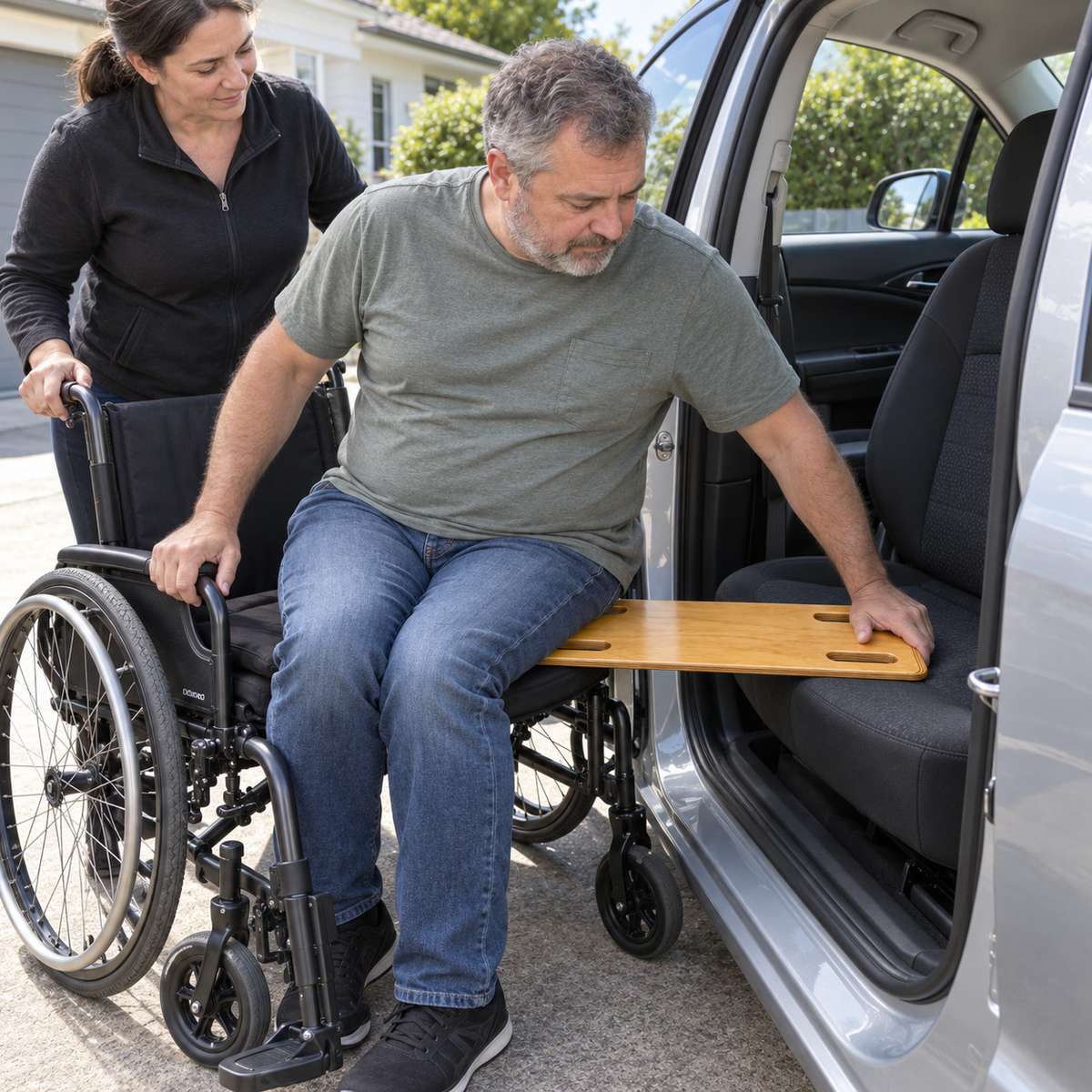 A man in a wheelchair transfers into the back of a silver minivan using a Tas-Tech Wooden Transfer Board, with a woman standing behind him to assist. The minivan door is open, and the setting is outdoors on a driveway.
