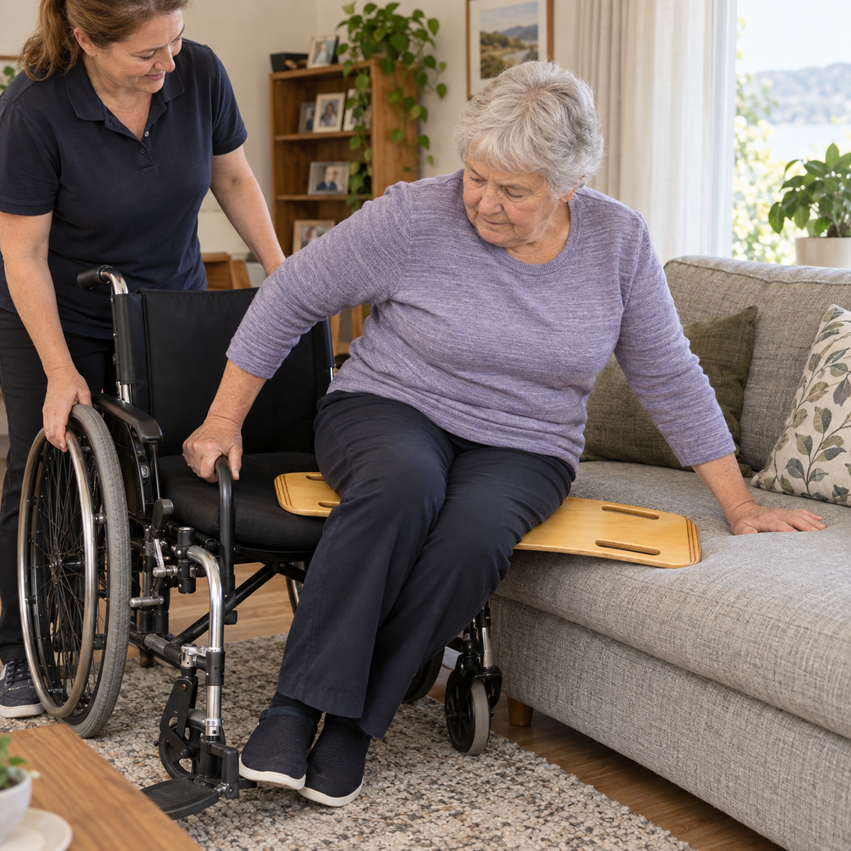 An elderly woman in a lavender top and dark pants sits in a wheelchair, using a Tas-Tech Wooden Transfer Board to slide down a gray sofa, with a caregiver in a navy polo shirt assisting from the side in a bright living room.
