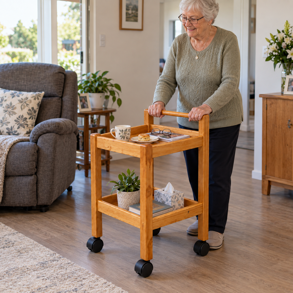 An elderly woman pushes a Tas-Tech Wooden Rehabilitation Utility Trolley with a handle and black wheels in a bright, modern living room. The cart has two shelves, one holding a mug, a small plant, and a tissue box.