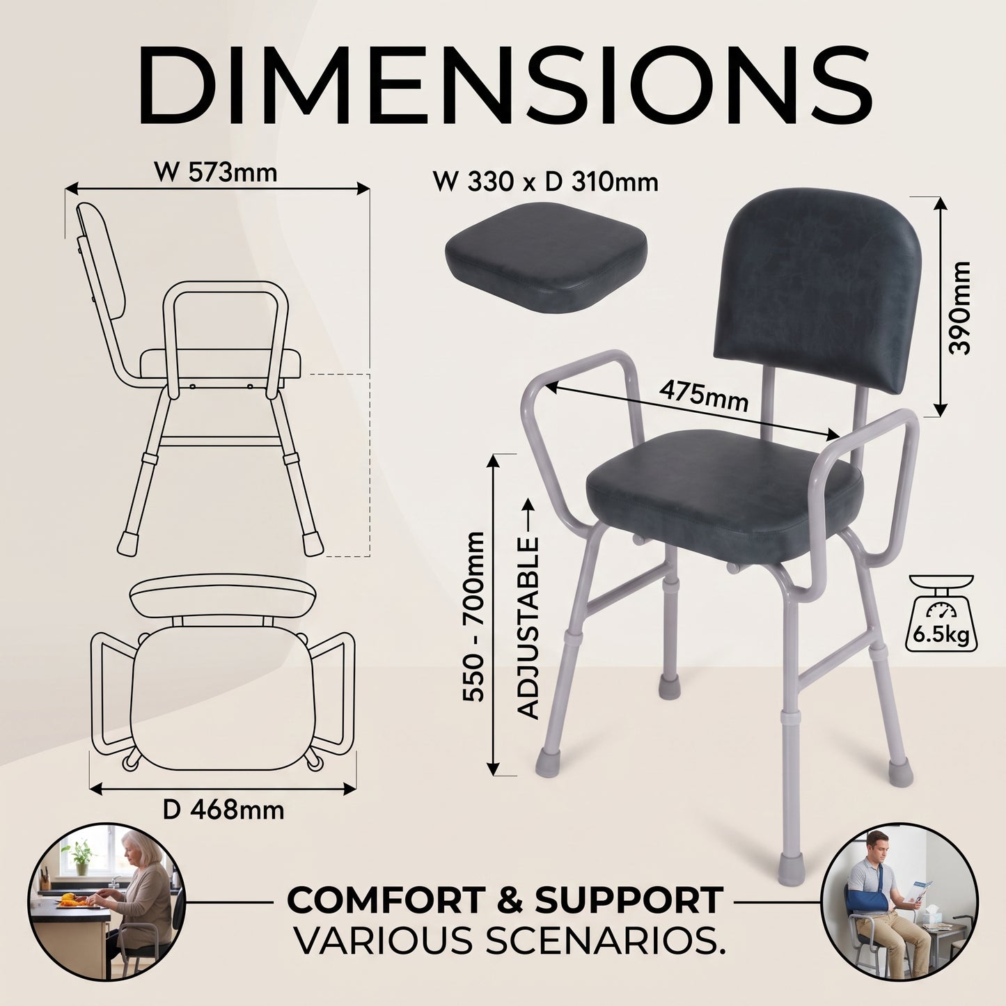 Product dimension diagram for a Viking Support Stool with Arms with a black cushioned seat and backrest, showing front, side, and top-down measurements, weight of 6.5kg, and text reading 'DIMENSIONS' and 'COMFORT & SUPPORT VARIOUS SCENARIOS.