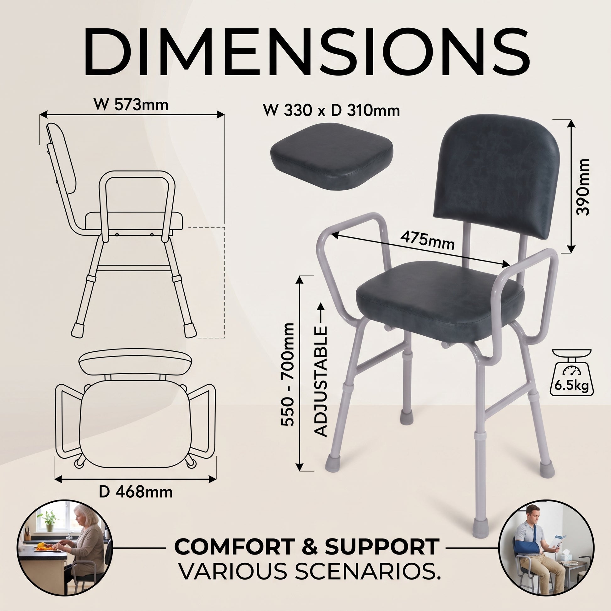 Product dimension diagram for a Viking Support Stool with Arms with a black cushioned seat and backrest, showing front, side, and top-down measurements, weight of 6.5kg, and text reading 'DIMENSIONS' and 'COMFORT & SUPPORT VARIOUS SCENARIOS.