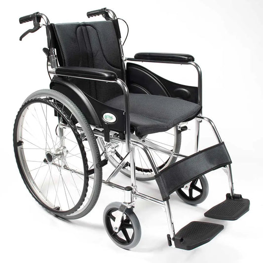 Wheelchair with gray seat and black armrests on a white background