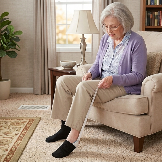 Woman using a sock assist tool in a lounge setting