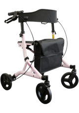 Pink Goldfern X-Fold rollator with black seat and wheels on a white background