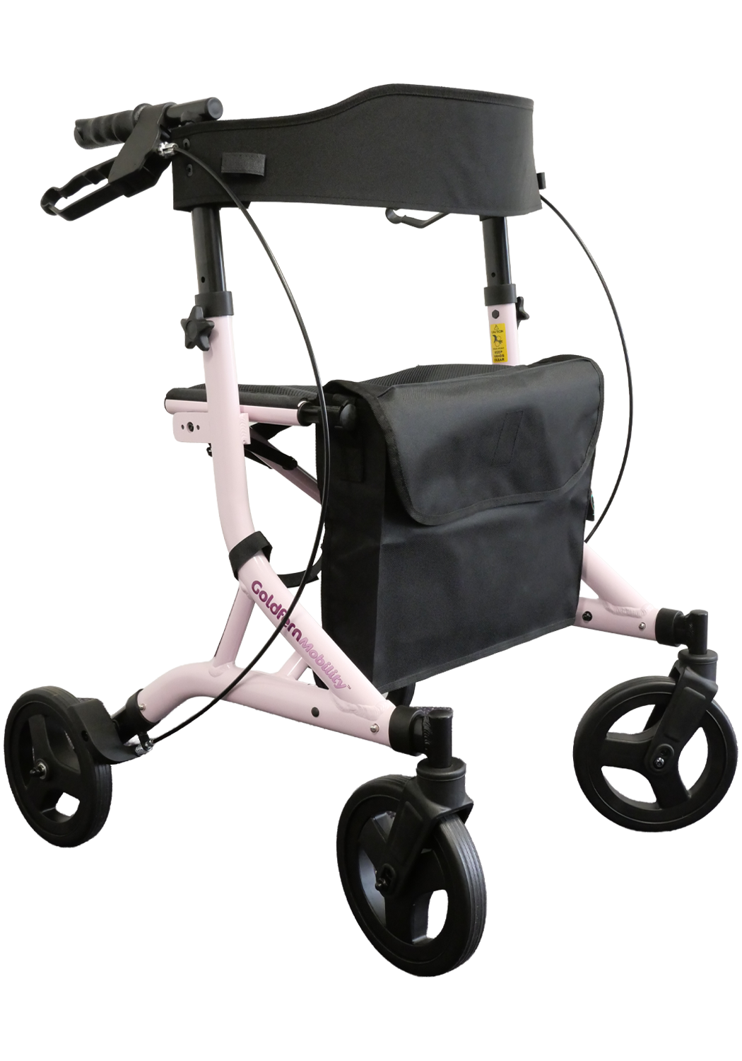 Pink Goldfern X-Fold rollator with black seat and wheels on a white background