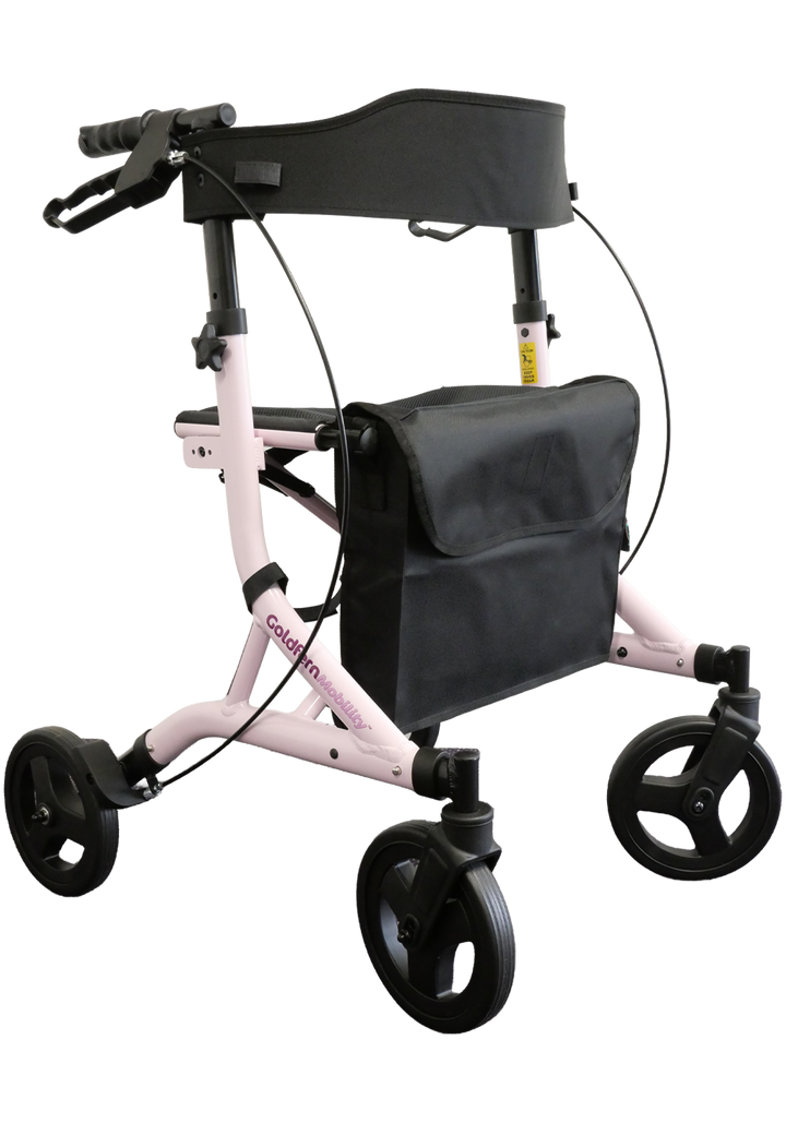 Pink Goldfern X-Fold rollator with black seat and wheels on a white background