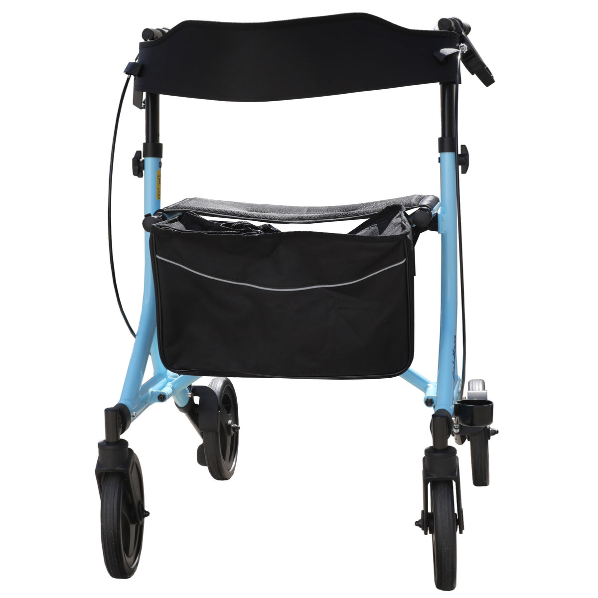 An  ice blue Goldfern X-FOLD Rollator walker with a padded backrest, front storage basket, and small cup holder, shown on a plain white background.