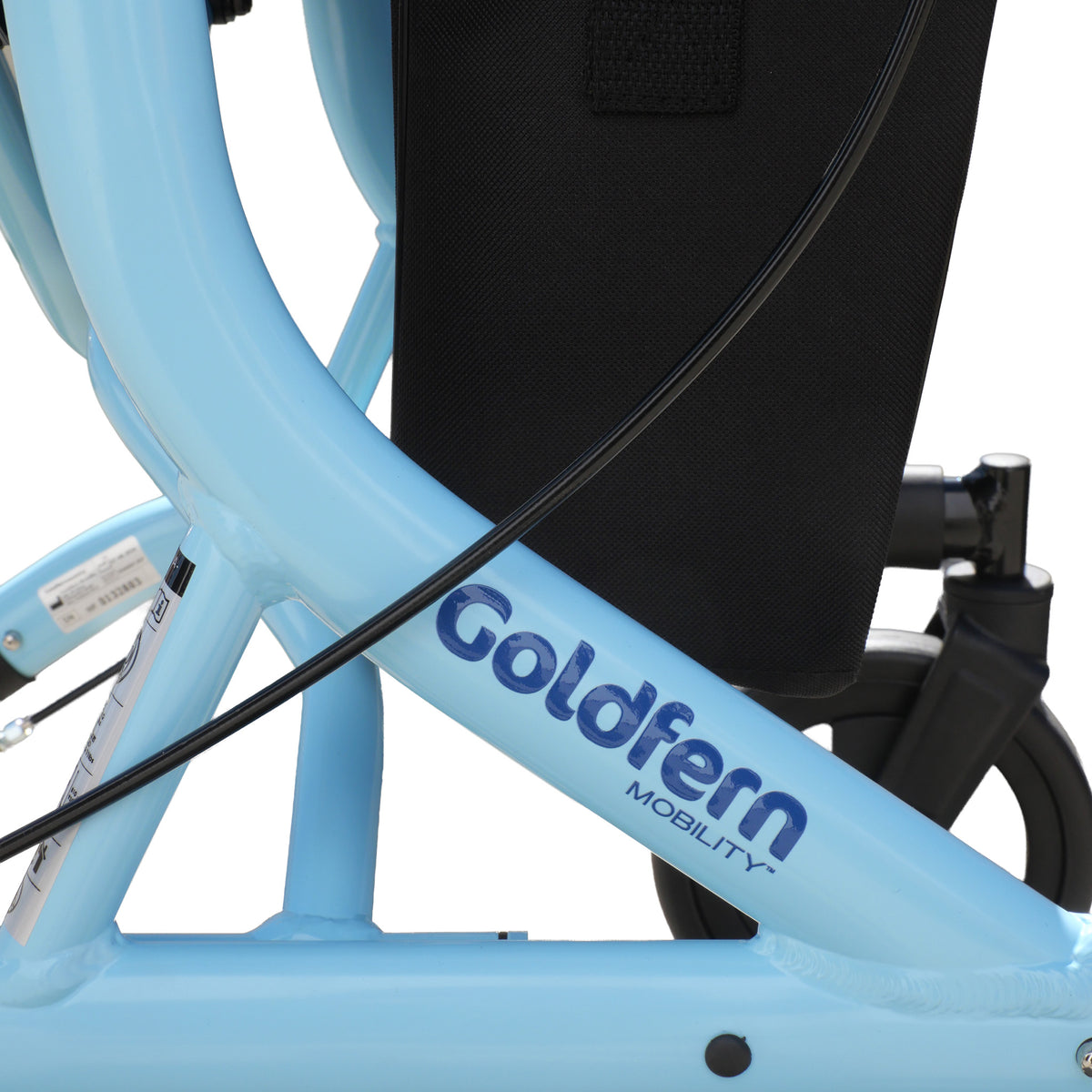 Close-up of an  ice blue Goldfern X-FOLD Rollator walker with Goldfern Mobility rolling walker frame with a black seat bag and black wheels against a white background.