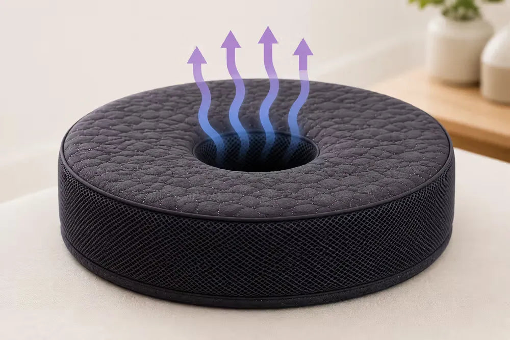A charcoal icare Supporta Donut Cushion, shown on a light surface with blue and purple airflow arrows rising from the center. A blurred indoor background is visible behind it.