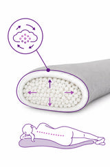 A icare Supporta Body Pillow with purple line-art overlays showing its internal gel pocket and how it conforms to the body, on a white background.