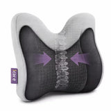 A contoured icare Reform Low Back Support pillow in gray and black, featuring a purple side tag labeled 'lcare' and purple arrows indicating back support.