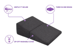 A charcoal icare Supporta Bed Wedge with purple callout lines and icons highlighting features: gentle 17-degree incline, three-in-one design, and zip-off washable cover, on a white background.