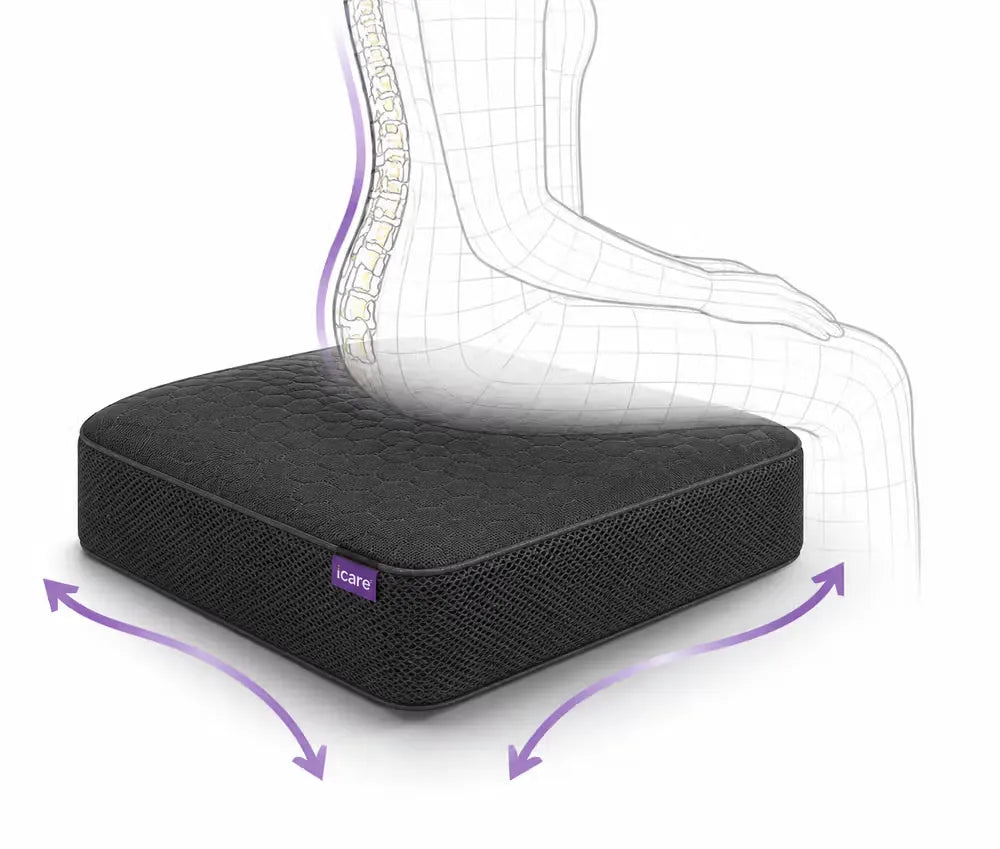 A charcoal icare Supporta Seat Cushion with a small purple iCare logo, shown with a wireframe illustration of a foot and spine above it, and purple arrows indicating support around the base on a white background.