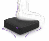 A charcoal icare Supporta Seat Cushion with a small purple iCare logo, shown with a wireframe illustration of a foot and spine above it, and purple arrows indicating support around the base on a white background.