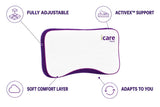 An icare Curve Pillow shown on a white background with four callout circles and text highlighting features: fully adjustable, Activex support, soft comfort layer, and adapts to you.